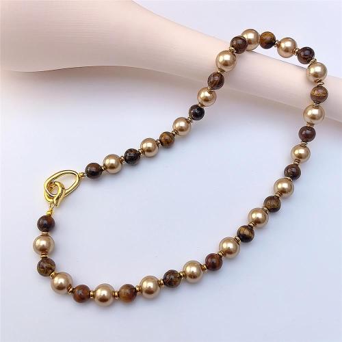 Tiger Eye Necklace, with Glass Beads & Brass & 304 Stainless Steel, plated, fashion jewelry, mixed colors cm 