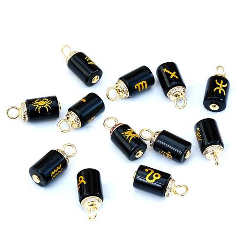 Agate Zinc Alloy Pendants, Black Agate, with Zinc Alloy, 12 Signs of the Zodiac, plated, DIY & with rhinestone 