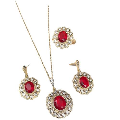 Micro cúbicos Circonia allanar sistemas de la joyería de cobre amarillo, metal, Pendiente de stud & anillo de dedo & collar, chapado, micro arcilla de zirconia cúbica & con diamantes de imitación, más colores para la opción, Vendido por Set