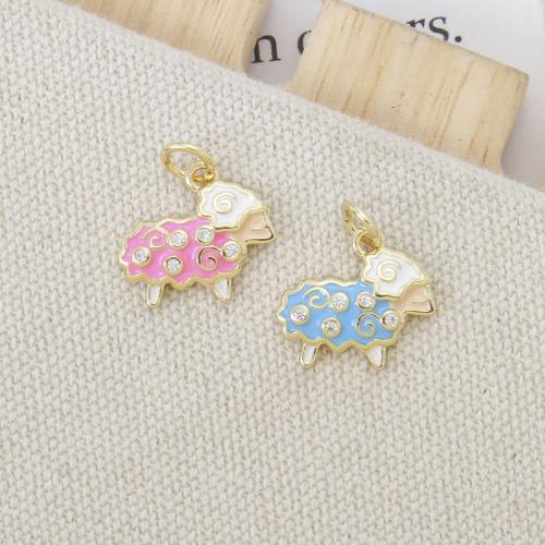 Enamel Brass Pendants, Sheep, plated, DIY & micro pave cubic zirconia 