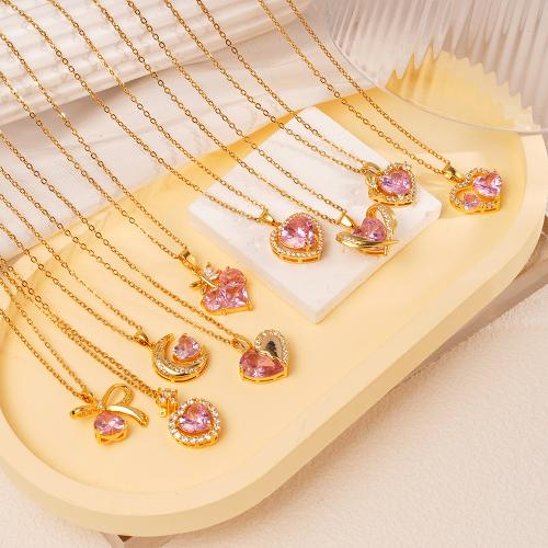 キュービックジルコンマイクロパヴェブラスネックレス, 銅, とともに 304ステンレス鋼チェーン, メッキ, 異なるスタイルを選択 & マイクロパヴェジルコニア & 女性用, 金色, 売り手 パソコン