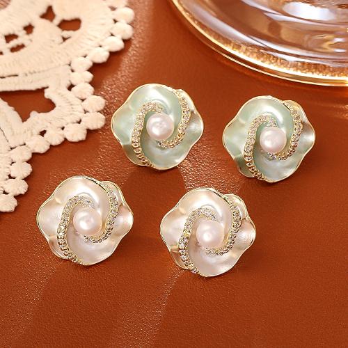 Boucles d'oreilles d'eau douce de Perle , laiton, avec perle d'eau douce cultivée, fleur, peinture, bijoux de mode & pour femme & avec strass, plus de couleurs à choisir, Vendu par paire