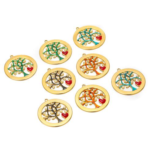 Enamel Stainless Steel Pendant, 304 Stainless Steel, Tree, gold color plated, DIY & with rhinestone 35mm 