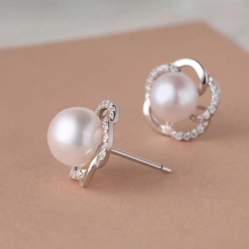 Цирконий Микро вымощает латунь Серьги, Латунь, с Пластиковая жемчужина, Форма цветка, Другое покрытие, инкрустированное микро кубического циркония & Женский & отверстие, продается Пара