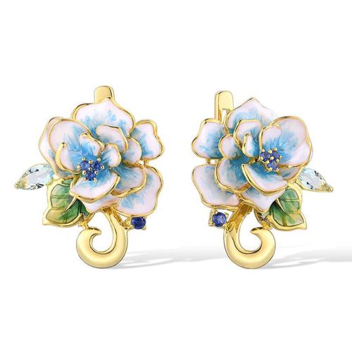 Цирконий Микро вымощает латунь Серьги, Латунь, Форма цветка, Другое покрытие, 3D-эффект & инкрустированное микро кубического циркония & Женский & эмаль, продается Пара