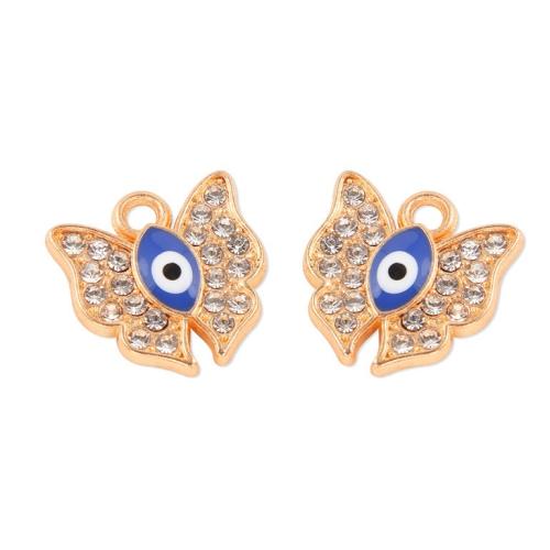 En alliage de zinc mal pendant des yeux, papillon, Placage de couleur d'or, DIY & émail & avec strass, couleurs mélangées Vendu par sac[