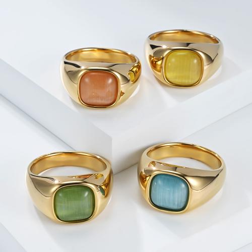 304 Stainless Steel Finger Ring, with Cats Eye, Geometrical Pattern, gold color plated & for woman US Ring 
