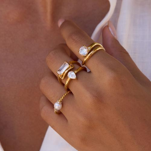 Bague en acier inoxydable Incrusté de zircon, Acier inoxydable 304, avec perle de plastique, Placage de couleur d'or, bijoux de mode & pavé de micro zircon, plus de couleurs à choisir, Vendu par PC