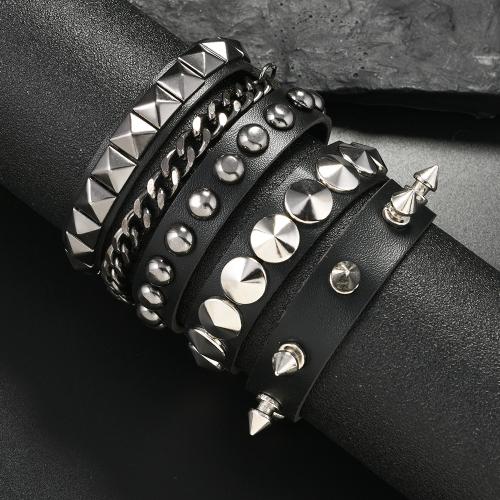 PU Leather Cord Bracelets, Zinc Alloy, with PU Leather, gold color plated, fashion jewelry & multilayer [