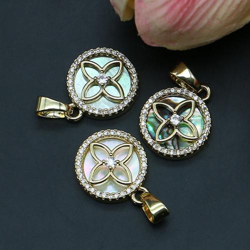 Brass Shell Pendants, with Brass, Flat Round, gold color plated, DIY & with rhinestone 