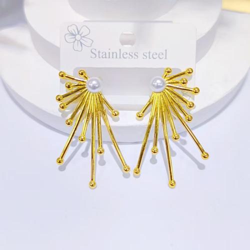 Серьги из нержавеющей стали, Нержавеющая сталь 304, с Пластиковая жемчужина, плакирован золотом, ювелирные изделия моды, Золотой, продается Пара