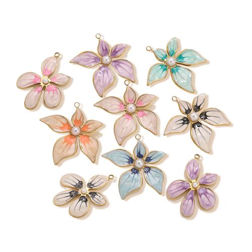 Enamel Stainless Steel Pendant, 304 Stainless Steel, with Plastic Pearl, Flower, gold color plated, DIY 