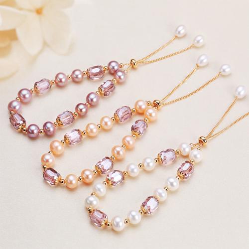 Crystal Pearl Bracelets, Freshwater Pearl, with Copper Alloy & Crystal, plated, fashion jewelry 8-9mm 
