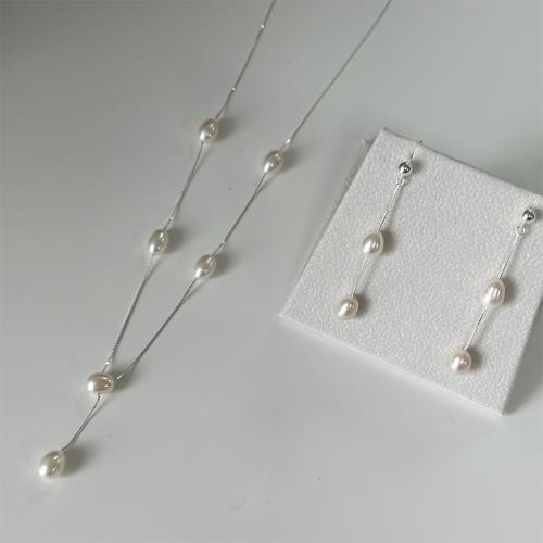 Sterling Silver Freshwater Pearl Jewelry Sets, 925 Sterling Silver, earring & necklace, with Freshwater Pearl, plated, fashion jewelry [