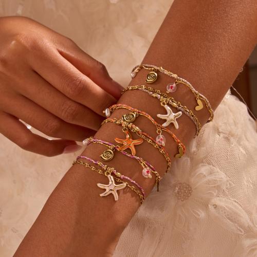 Acero inoxidable Pulsera con dijes, acero inoxidable 304, con Hilo de algodón & Perlas plásticas & Acrílico, chapado en color dorado, Joyería & esmalte, más colores para la opción, Vendido por UD