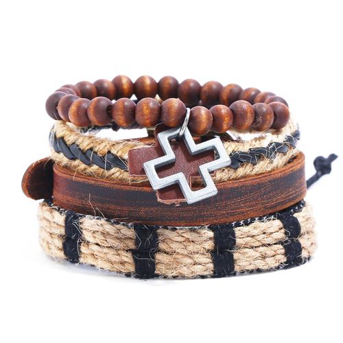 Pulseras de abrigo, Cáñamo, con Cuero de PU & madera & aleación de zinc, chapado en color dorado, 4 piezas & Joyería, más colores para la opción, 260x11mm, longitud:18 cm, 4PCs/Set, Vendido por Set