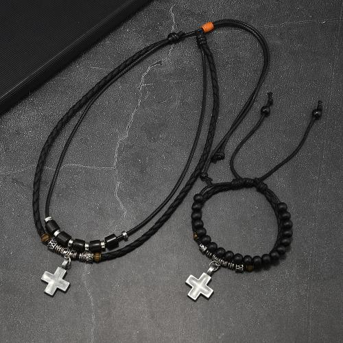 Ensembles-cadeaux bijoux, corde de cire, Bracelet & collier, avec bois & alliage de zinc, Placage de couleur d'or, bijoux de mode, plus de couleurs à choisir, Vendu par PC