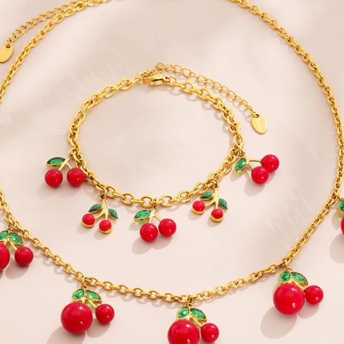 Ensembles de bijoux en acier inoxydable émaillé, Acier inoxydable 304, Bracelet & collier, Placage de couleur d'or, bijoux de mode & pavé de micro zircon, plus de couleurs à choisir, Vendu par PC