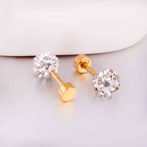 clou d'oreille en acier inoxydable avec stras, Acier inoxydable 304, Placage de couleur d'or, bijoux de mode & avec strass, plus de couleurs à choisir Vendu par sac