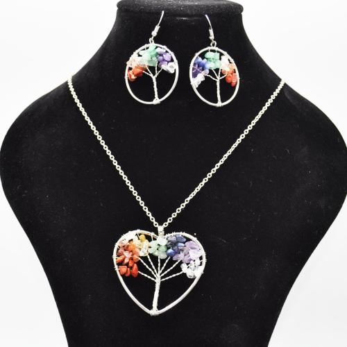 Gravier naturel parure de bijoux, boucle d'oreille & collier, avec alliage de zinc, Arbre de vie, 2 pièces & styles différents pour le choix & pour femme Environ 21 pouce, Vendu par fixé