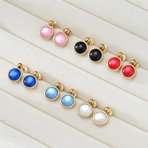 Oeil de chat boucle d oreille dormeuse, avec Acier inoxydable 304, Placage de couleur d'or, bijoux de mode & pour femme, plus de couleurs à choisir, 14mm, Vendu par paire