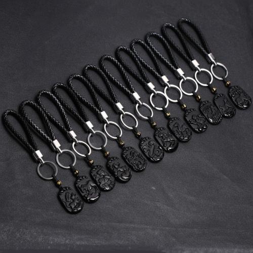 PU Schlüsselanhänger, Zinklegierung, mit Obsidian & PU Leder, Chinesische Sternzeichen, goldfarben plattiert, Modeschmuck, keine, 40x30x8mm, verkauft von PC