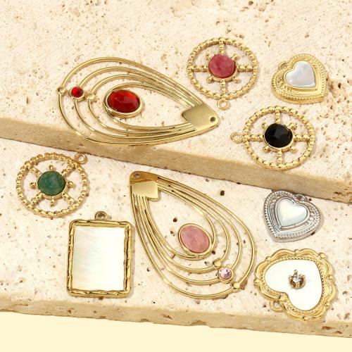 Gemstone Jewelry Pendant, 304 Stainless Steel, with Natural Stone & White Shell, gold color plated, DIY & with rhinestone 
