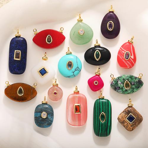 Gemstone Brass Pendants, Natural Stone, with Cats Eye & Brass, plated, DIY & with rhinestone 