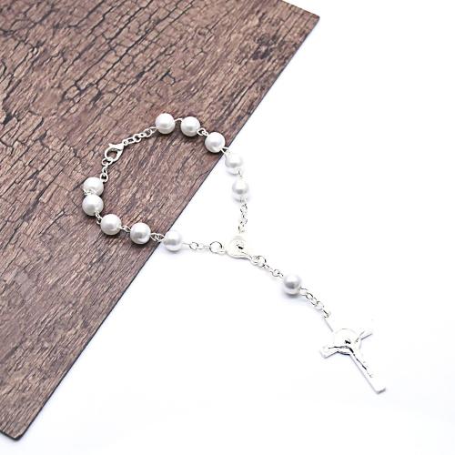 Joyas de perlas de vidrio de pulseras, aleación de zinc, con Perlas de vidrio, Cruces, chapado, Joyería, Blanco, 8mm, longitud:16.5 cm, Vendido por UD[