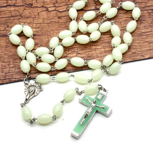 Rosary Necklace, alliage de zinc, avec plastique, croix, Placage de couleur argentée, bijoux de mode & lumineux, couleurs mélangées cm, Vendu par PC