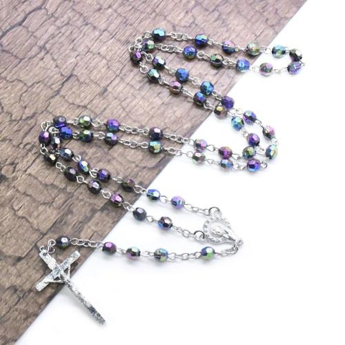 Rosary Necklace, alliage de zinc, avec plastique, croix, Placage de couleur argentée, bijoux de mode, couleurs mélangées, 6mm .5 cm, Vendu par PC