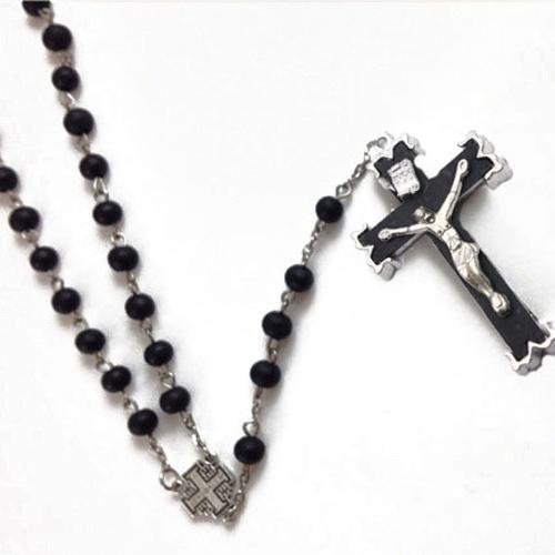 Rosary Necklace, alliage de zinc, avec bois, croix, Placage, bijoux de mode, noire, 8mm cm, Vendu par PC