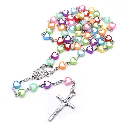 Rosary Necklace, alliage de zinc, avec plastique, croix, Placage de couleur argentée, bijoux de mode, couleurs mélangées, 8mm cm, Vendu par PC