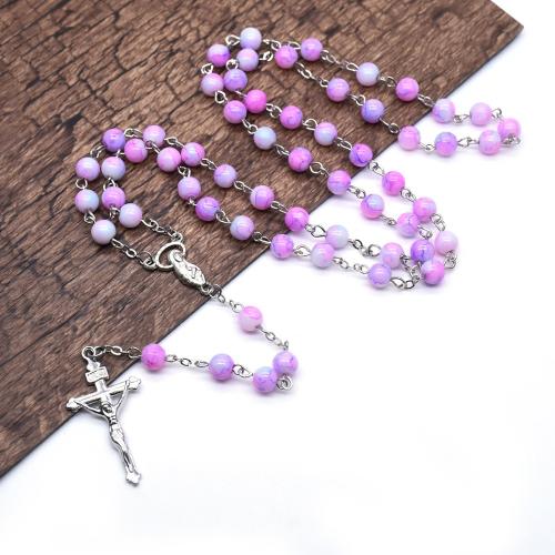 Rosary Necklace, alliage de zinc, avec verre, croix, Placage de couleur argentée, bijoux de mode, couleurs mélangées, 6mm cm, Vendu par PC