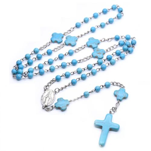 Rosary Necklace, alliage de zinc, avec turquoise, croix, Placage de couleur argentée, bijoux de mode, couleurs mélangées, 6mm .5 cm, Vendu par PC
