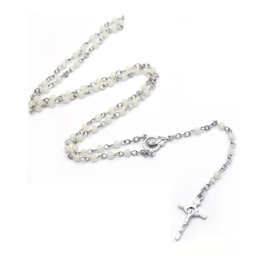 Rosary Necklace, alliage de zinc, avec plastique, croix, Placage de couleur argentée, bijoux de mode, blanc, 3mm .5 cm, Vendu par PC
