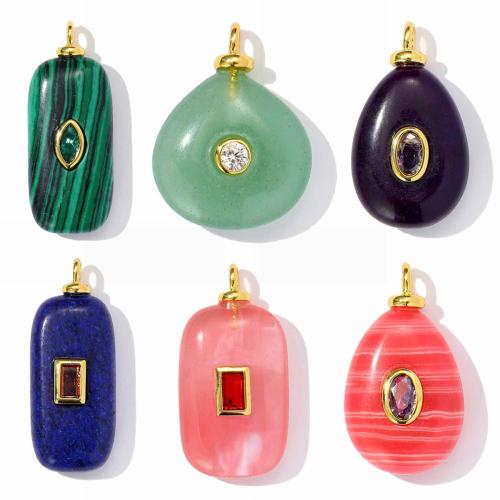 Gemstone Brass Pendants, with Natural Stone, gold color plated, DIY & micro pave cubic zirconia 