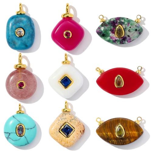 Gemstone Brass Pendants, with Natural Stone, gold color plated, DIY & micro pave cubic zirconia 