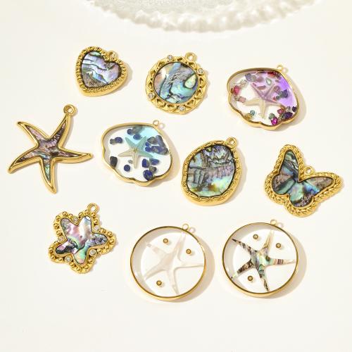 Colgante de concha de abulón, acero inoxidable 304, con Nácar de Abulón, chapado en color dorado, Bricolaje & esmalte & con diamantes de imitación, más colores para la opción, 3PCs/Bolsa, Vendido por Bolsa
