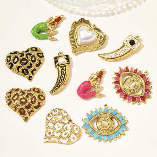 Enamel Stainless Steel Pendant, 304 Stainless Steel, with Natural Stone & ABS Plastic Pearl & Cats Eye, gold color plated, DIY 