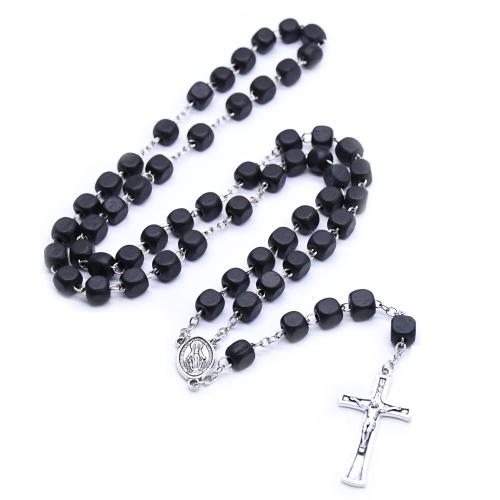 Rosary Necklace, alliage de zinc, avec Hemu-Perles, croix, Placage de couleur argentée, bijoux de mode, noire, 8mm cm, Vendu par PC