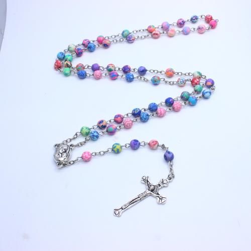 Rosary Necklace, alliage de zinc, avec argile de polymère, croix, Placage de couleur argentée, bijoux de mode, multicolore, 8mm cm, Vendu par PC