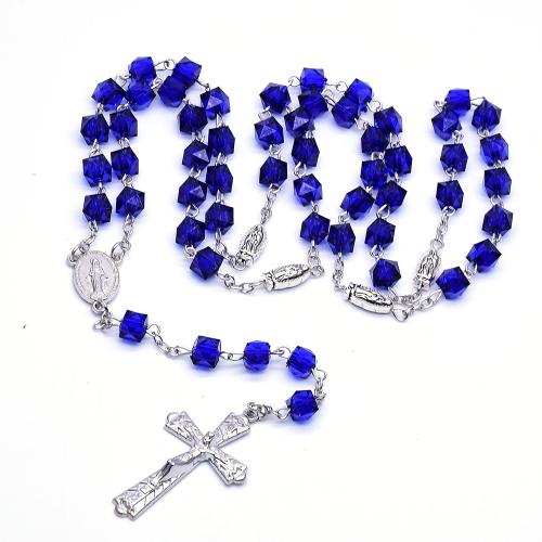 Rosary Necklace, alliage de zinc, avec plastique, croix, Placage de couleur argentée, bijoux de mode, couleurs mélangées, 8mm cm, Vendu par PC