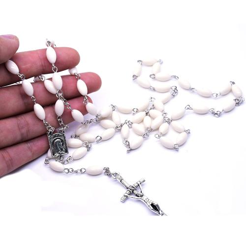 Rosary Necklace, alliage de zinc, avec Acrylique, croix, Placage de couleur argentée, bijoux de mode, blanc .5 cm, Vendu par PC