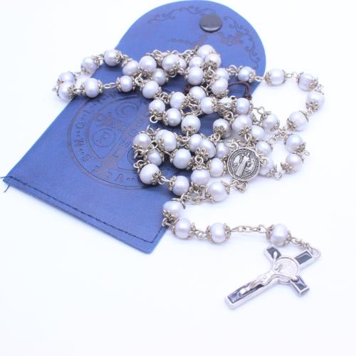 Rosary Necklace, alliage de zinc, avec perle d'eau douce cultivée, croix, Placage de couleur argentée, bijoux de mode, blanc, 8mm cm, Vendu par PC