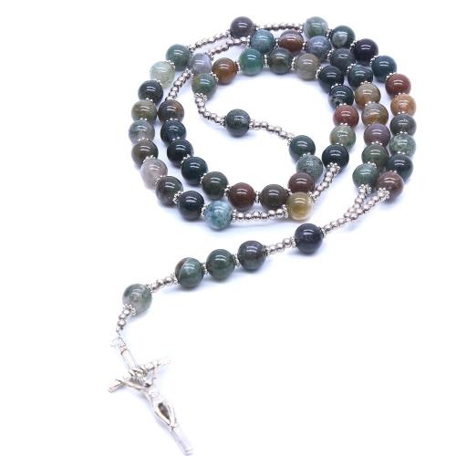 Rosary Necklace, alliage de zinc, avec agate indienne, croix, Placage de couleur argentée, bijoux de mode, couleurs mélangées, 8mm cm, Vendu par PC