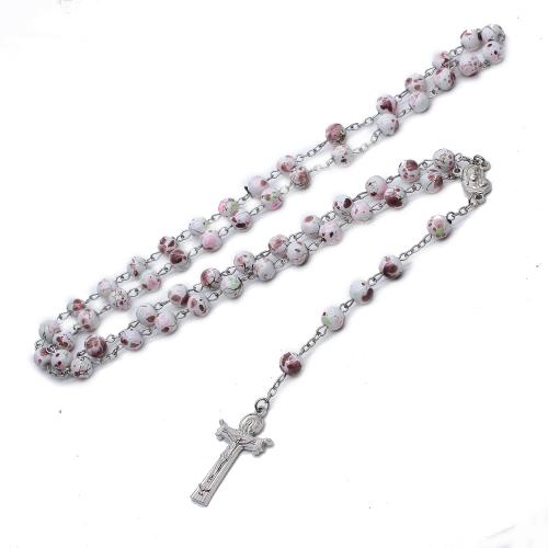 Rosary Necklace, alliage de zinc, avec perle de verre, croix, Placage de couleur argentée, bijoux de mode, couleurs mélangées, 8mm cm, Vendu par PC