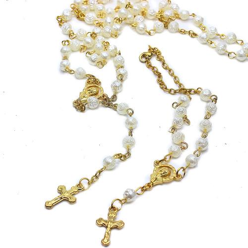 Rosary Necklace, alliage de zinc, avec plastique, croix, Placage de couleur d'or, bijoux de mode, couleurs mélangées, 6mm cm, Vendu par PC
