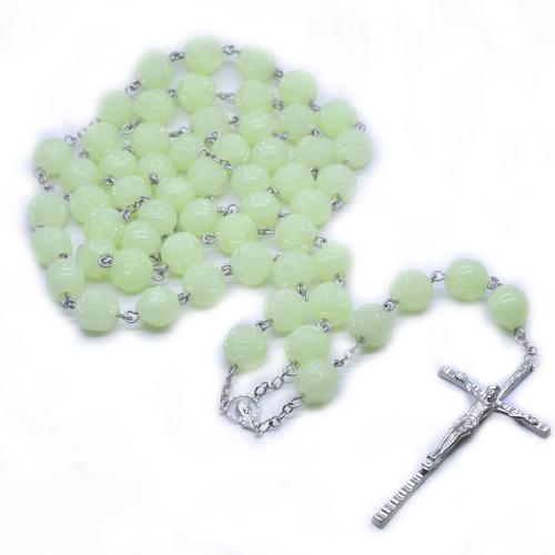 Rosary Necklace, alliage de zinc, avec plastique, croix, Placage de couleur argentée, bijoux de mode & lumineux, couleurs mélangées, 20mm cm, Vendu par PC