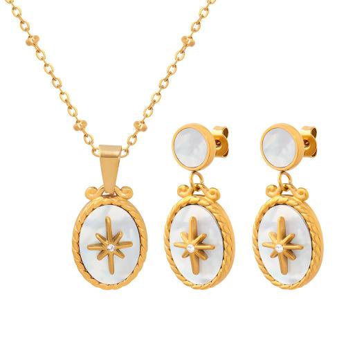 Shell Jewelry Sets, 304 Stainless Steel, earring & necklace, with White Shell, gold color plated, fashion jewelry & micro pave cubic zirconia [